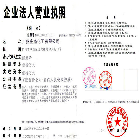 庄杰荣获营业执照荣誉证书